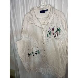 Vintage Christmas scene white button down shirt, 4X